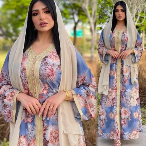 MCK Abaya Dubai Muslim Dresses Long Dress Purple Arabia long maxi kaftan robe sleeve Flower Floral Muslim Islamic Clothing