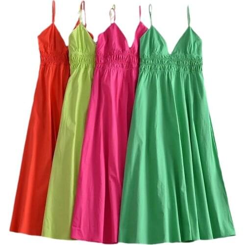 TRAF Straps Dress Woman Za 2021 Robe Dress Woman Shirring Backless Sexy Ladies Party Night Long Dresses for Summer kpytomoa