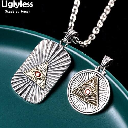 Uglyless Watching U Eyes of GOD Square Round Medal Pendants Men 925 Silver Vines Hip Hop Rock Necklaces NO Chain Triangle Eyes