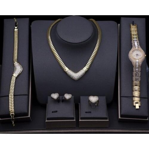 Luxury Women Jewelry Sets Gold Color pave Cubic Zirconia Watch Necklace Earrings Bracelet Ring Combo wedding bridal jewelry sets