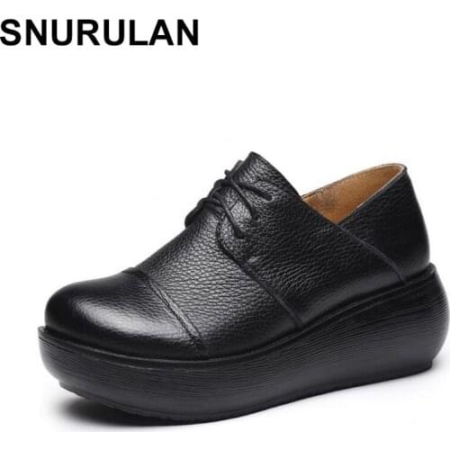 SNURULAN Spring-Autumn 2019, new shoes made of genuine leather in ethnic style, womens shoes with wedges with round toe
