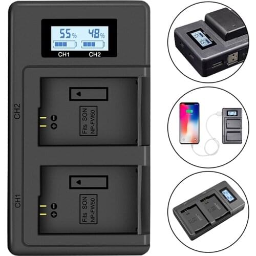 SOONHUA Dual Channel Battery Charger USB Chargers LCD Display For NP-FW50 Camera Battery