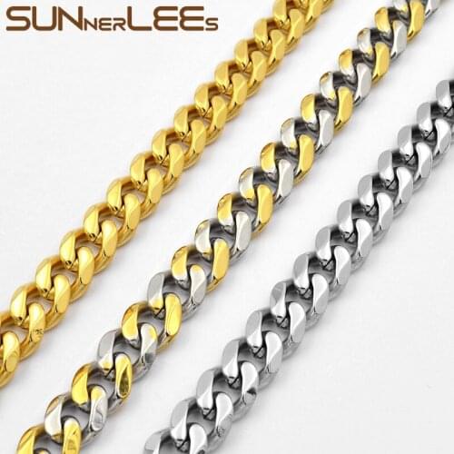 SUNNERLEES Jewelry Stainless Steel Necklace 9mm Curb Link Chain Silver Color Gold Plated Mens Womens Gift SC30 N