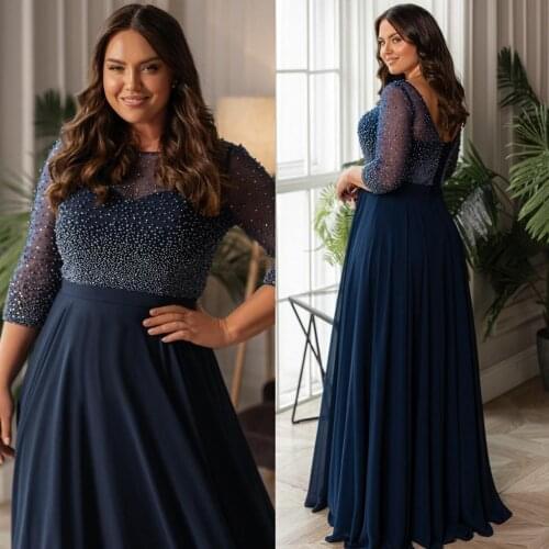 Navy Beaded Plus Size Prom Dresses Bateau Neck A Line Long Sleeves Evening Gowns Floor Length Chiffon robe de soirée de mariag