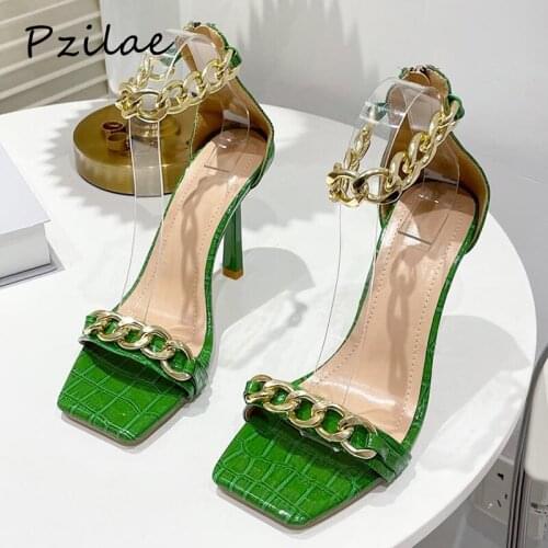 Pzilae New Women Sandals Pumps Summer Square Toe High Heels Shoes Female Fashion Chain Strap Party Dress Shoes Size 41 Green