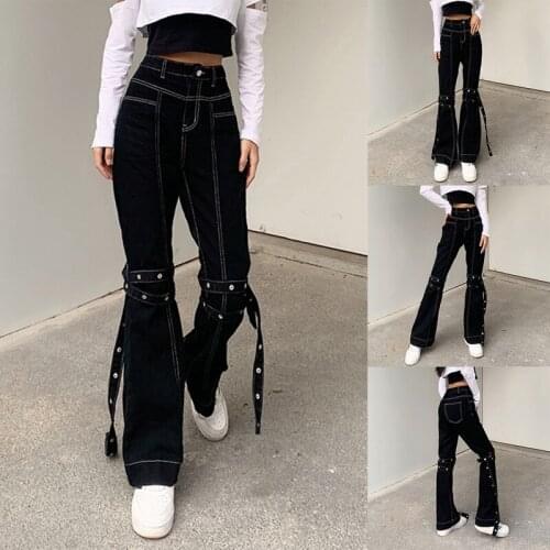 White Thread Casual Black Denim Pants Hip Hop High Waist Jeans Women with Strips Harajuku Fashion Trousers Ladies