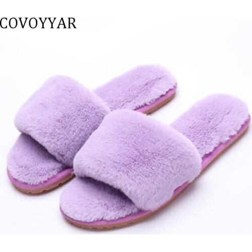 COVOYYAR 2019 Autumn Winter Women Slippers Indoor Outdoor Soft Flurry Faux Rabbit Fur Anti-slip Lady Slides Shoes Woman WSL45