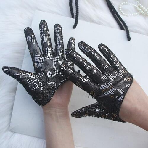 Ladies Sheepskin Leather Gloves Fashion Sexy Full Fingers Embossed Printing Punk Party Gloves Women Half Palm Driving Gloves