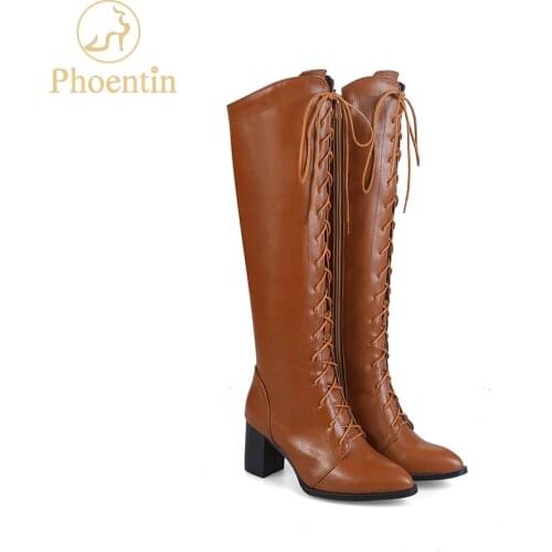 Phoentin PU knee-high winter boots for women lace-up side open zipper woman boots high heel 6.5cm brown black women shoes FT163