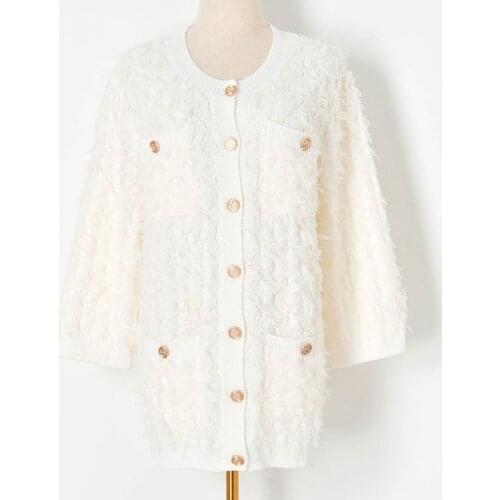 White Plaid Tassles Long-Sleeved Midi Cardigan Single Breasted Women Fall Winter Luxury Elegant Sweater Top Designer New Clothes