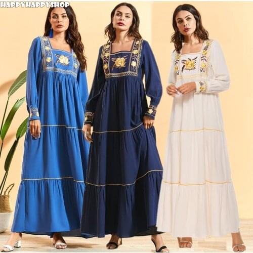 Women Long Dress Embroidery High Waist Swing Casual Muslim Islamic Abaya Kaftan Turkish Ethnic Robe Loose Dresses 2020 Vestidos