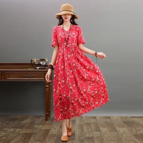 2021 Fashion New Soft Cotton Short Sleeve V -Neck Single-Breasted Slim Waist Female Holiday Long Dreess Vestidos