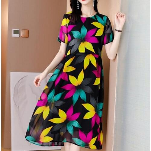 2021 Casual Print Chiffon Beach Midi Dress Summer Vintage 4XL Plus Size Vacation Sundress Women Elegant Bodycon Party Vestidos