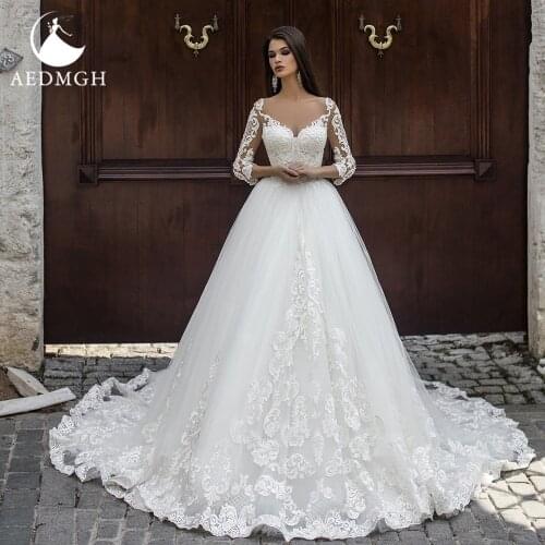 Aedmgh Simple Ball Gown Wedding Dresses 2021 Sweetheart Three Quarter Vestido De Novia Charming Backless Appliques Bridal Gowns