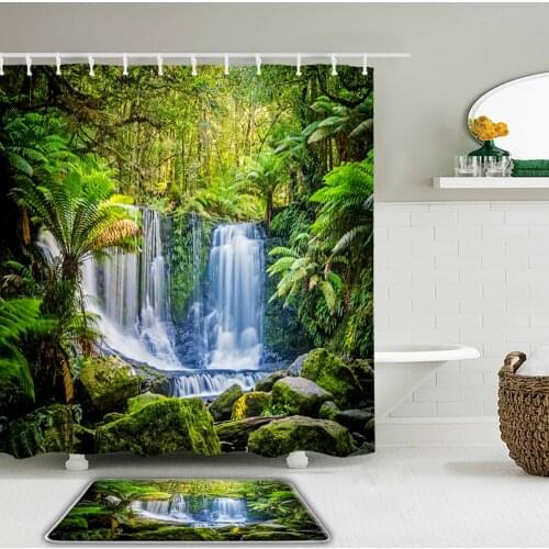 2Pcs/set Primeval Forest Scenery Shower Curtains Set Waterproof Bathroom Curtain Bath Non-Slip Toilet Mat Washroom Rug Mat