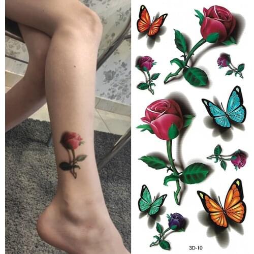 3D Butterfly Tattoos Stickers Rose Flower Girls Women Body Art Water Transfer Temporary Tattoo Sticker Arm Wrist Fake Tatoo 1PC