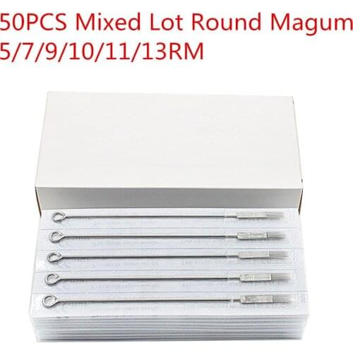 50 PCS/Box Disposable Sterile Round Magnum 5/7/9/11/13RM Tattoo Needles for Tattoo Machines and Grips