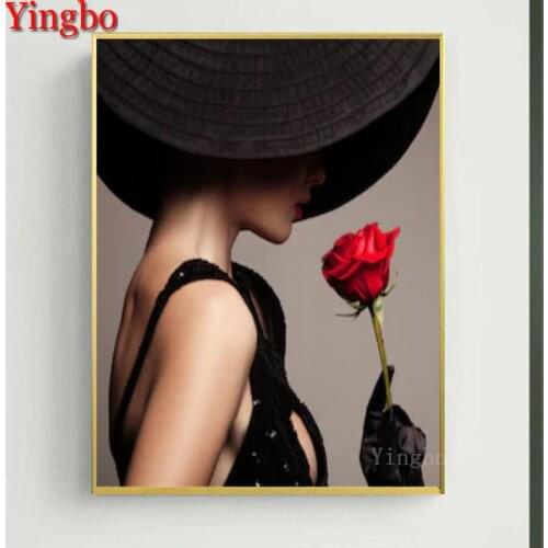 Needlework Diamond Painting beauty red rose hat woman Diamond Embroidery All Drill Rhinestone Mosaic Picture by numbers hobby