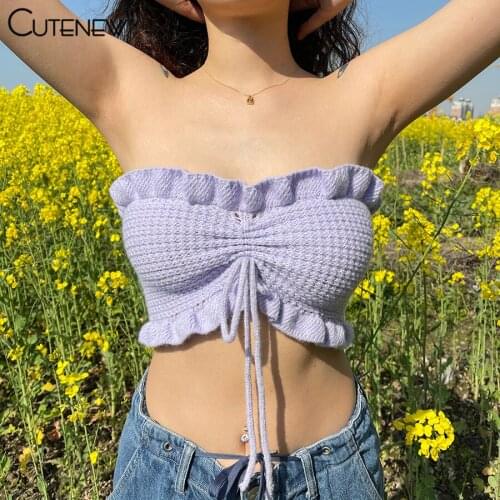 Cutenew Fashion Solid Knitting Cropped Women Tank Top 2021 Summer New Sexy Sleeveless Ruffles Streetwear Casual Slim Female Vest