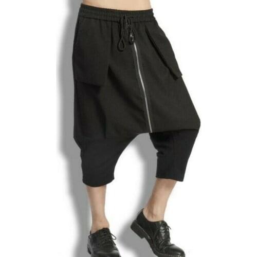 Mens Harem Loose Street Zip Decor Summer Baggy Casual Cropped Trousers Pants