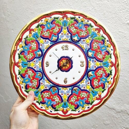 Ceramics Clock Spanish 34 cm. /13.4 inches Diameter enameled handmade-gold 24 k-Art-Home and decor