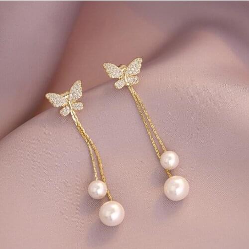Korean Fashion Jewelery Elegant Butterfly Long Pearl Crystal Earrings For Women Tassel Girl Earring Gift
