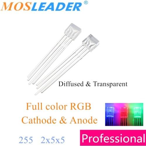 Mosleader 1000pcs 255 RGB 4P Transparent Diffused Anode Cathode 2x5x5 Square led 2*5*5 Red Green Blue Long pins Full colors