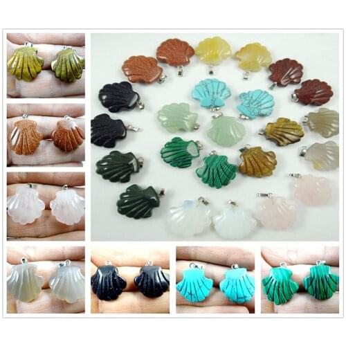 Natural Gem stone Quartz crystal tiger eye Turquoise carving Shell shape pendant for diy jewelry Making necklace Accessories 2Pc