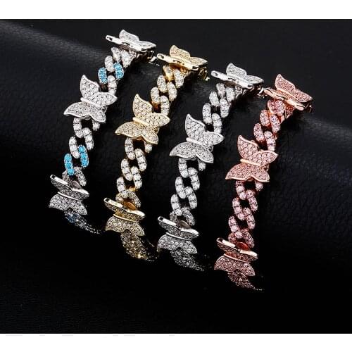 New Fashion Punk Rock Butterfly Chain 8MM Cuban Bangle Bracelet Iced Cubic Zirconia Wristband Hip Hop Charm Jewelry for Gift
