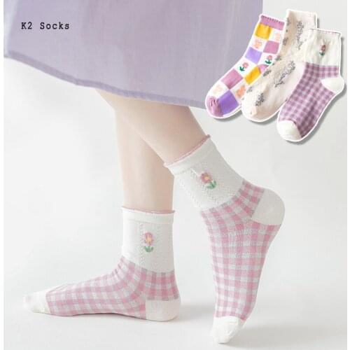New Kawaii Flower Loose Bubble Sockings Cotton Lolita Harajuku Purple Plaid JK Japanese Streetwear Cute Fashion Soft Women Socks
