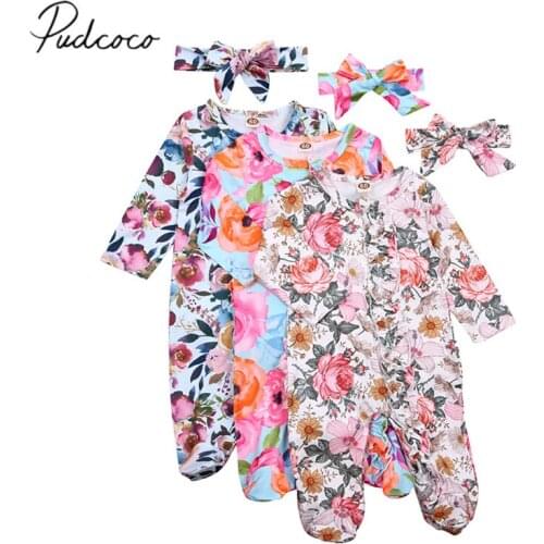 Newborn Baby Girl Floral Footed Playsuit Floral Print One Piece Jumpsuit Sleeper with Headband Clothes Footies Long Sleeve