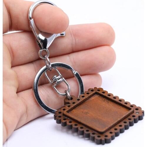 Reidgaller 1pcs Fit 25mm Square Cabochon Wood Keychain Base Diy Key Ring Metal Clasp Hooks Findings