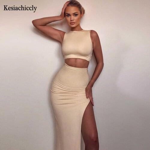 Kesiachiccly Sexy O-neck Sleeveless Khaki Dress High Street Split Summer Women Dresses 2021 Elegant Office Ladies Party Vestidos