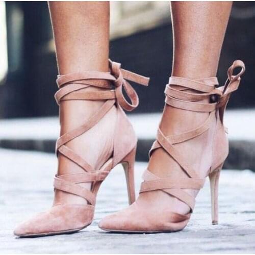 Chic Pink Black Suede Lace-up Shoes Women Pointed Toe Ankle Wrap Pumps Cut-out Gladiator Dress Shoes High-heeled Party Shoes