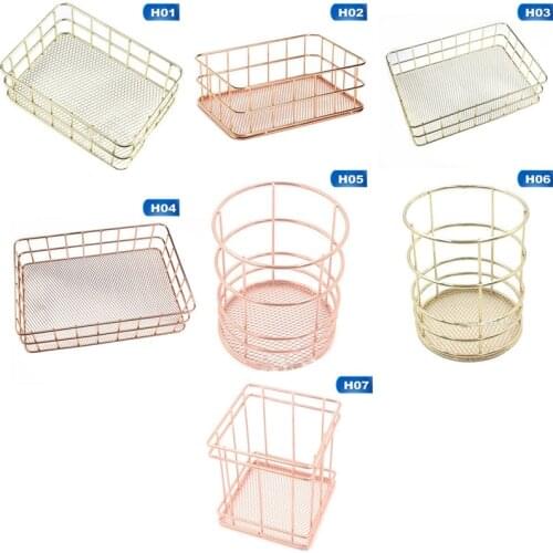 Nordic Iron Art Makeup Organizer Basket Rose Gold Office Desktop Sundries Storage Finishing Cosmetic Brushes Holder Table Box