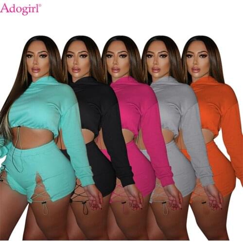 Adogirl Women Solid Tracksuit Casual Two Piece Set Drawstring Long Sleeve Hooded Pullovers Crop Top And Shorts Sport Suit