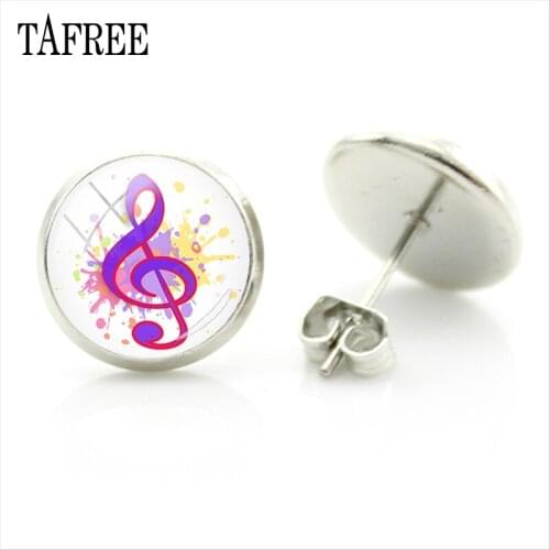 TAFREE Fashion Lovely Musical Note Silver Plated Stud Earrings Glass Cabochon Stud Earrings For Women Girls Earring Jewelry MT30