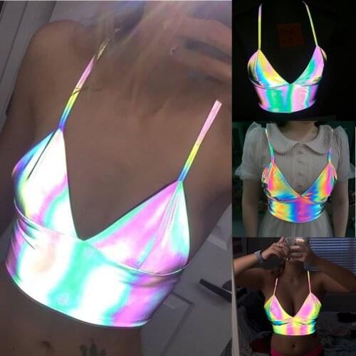 Women V Neck Sexy Holographic Bralette Crop Top Reflective Strap Fashion Camis Hot Summer 2020 Sleeveless Backless Tank Tops