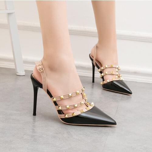10CM PUMPS Sexy pointed Roman high heels nightclub was thin rivets female sandals stiletto back empty womens shoes