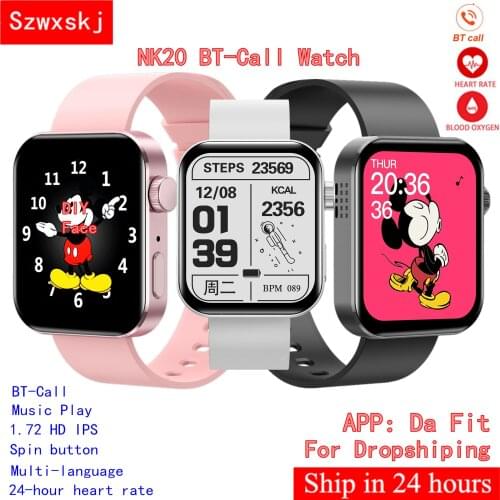 NK20 Smart Watch BT-Call 1.72" HD Full Touch Screen Music Play Heart Rate DIY Custom Dial PK P8 for Android IOS Waterpoof Watchs