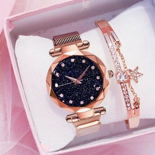 Simple Nice Diamond Plush Women Watches Starry Sky Rose Gold Magnet Mesh Band Rhinestones Quartz Wristwatch Ladies Female Watch