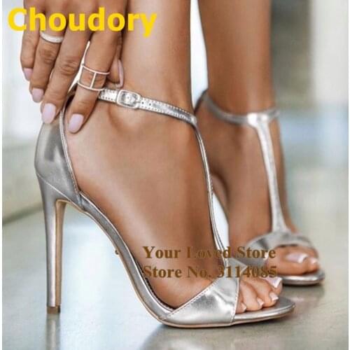 Choudory Gold Silver High Heels Buckle Strap Sandals T-Bar Strappy Open Toe Banquet Shoes Vogue Street Fashion Summer Footwear