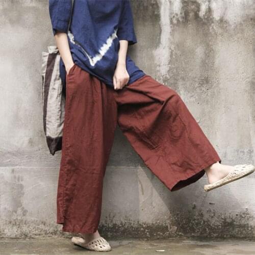 Women Vintage Cotton Linen Long Pants Women Loose Wide Leg Pants With Pockets Ladies Casual Summer Autumn Baggy Harem Trousers