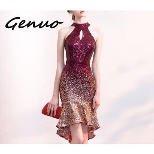 Genuo New elegant women 2019 Halter Neck Elegant Sequins Dress Short Front Long Back Sparkle Party Bodycon Dress