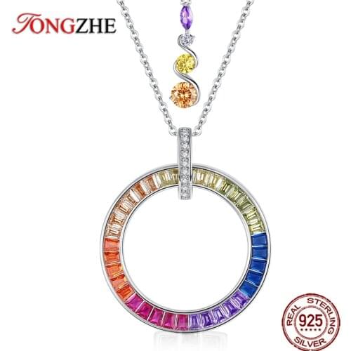 TONGZHE Geometric Circle Rainbow CZ 925 Sterling Silver Necklace Stone for Woman Pendants Jewelry Rainbow Long Chain Necklace