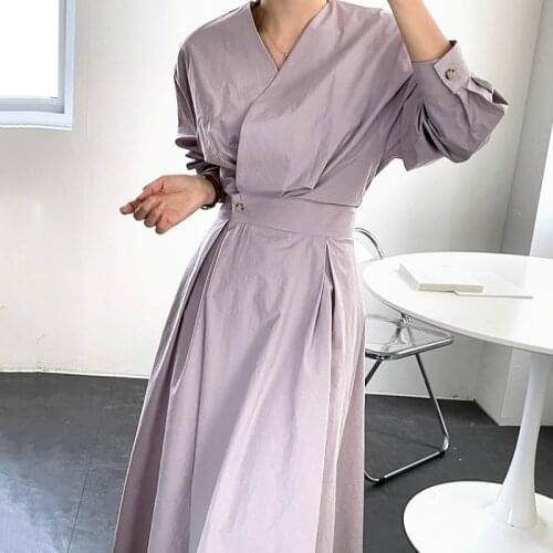 ZCSMLL Korean Summer Autumn Simple V-neck Cross One Button Waist Loose Puff Sleeves Large Swing Long Dress Women 2021 Tide