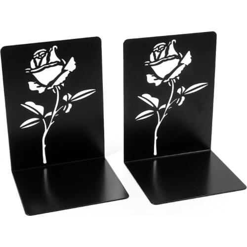 1 Pair Rose Flower Metal Bookends Hollow-out Book Stands Lightweight Durable Book Holders Non-Slip Book End Book Support 85DD