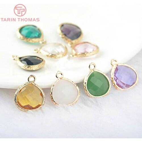 10PCS 17x14MM 24K Champagne Gold Color Brass and Glass Drop Shape Charms Pendants Diy Jewelry Findings Accessories