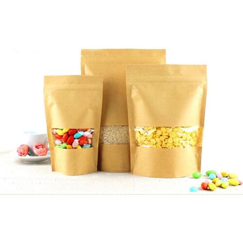 50pcs Brown Gift Bag Paper Kraft Bag With Window For Wedding/Candy/Tea/Food Kraft Bags Crafts Stand Up Ziplock Packing Bags Diy