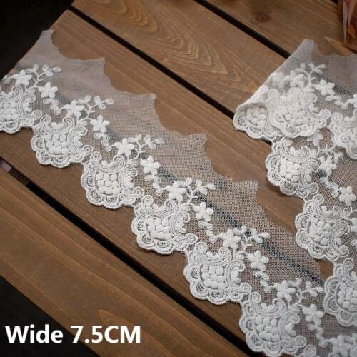 7.5CM Wide Luxury White Mesh French Lace Embroidered Flowers Lace Fabric Wedding Dress Headveil Trimming Ribbon Sewing Decor